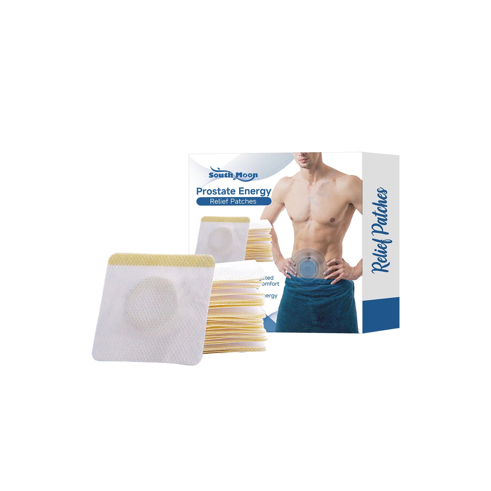 Product packaging and patch display showing white textile patches with gold backing and South Moon branding