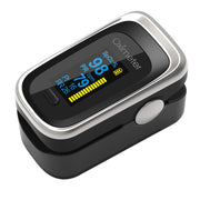 Oximeter device at 45-degree angle showing white and black design with silver trim and OLED display