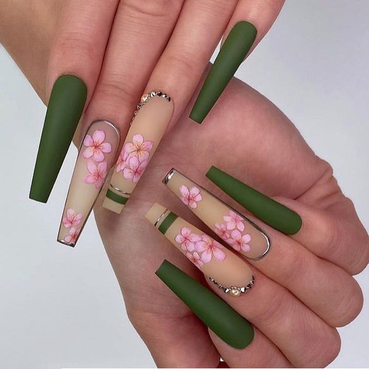 Long Ballet Press-On Nails With Spring Floral Nail Art