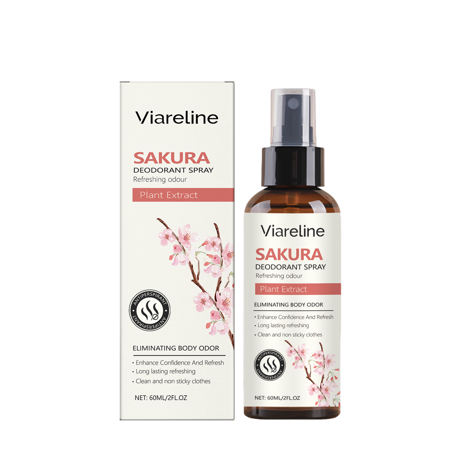 Product packaging and bottle of Viareline Sakura Deodorant Spray displayed together