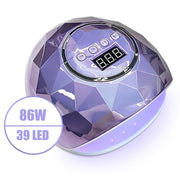 86W 39 LED UV lamp in purple faceted dome design with digital display showing timer, hero callout highlighting power specs