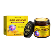 Houkea Bee Venom Pain-Relief Bone Care Cream product shot with packaging box and amber glass jar with black bee-emblem lid