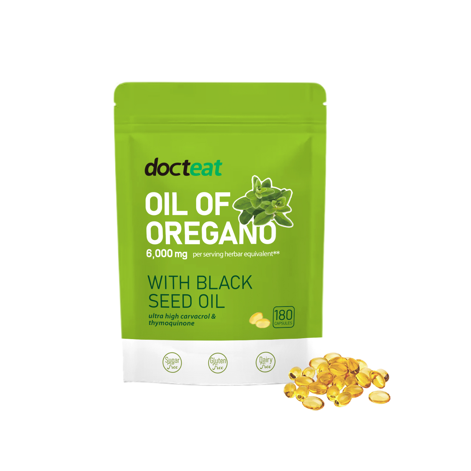 Docteat Oil of Oregano with Black Seed Oil 180-capsule pouch with golden capsules displayed