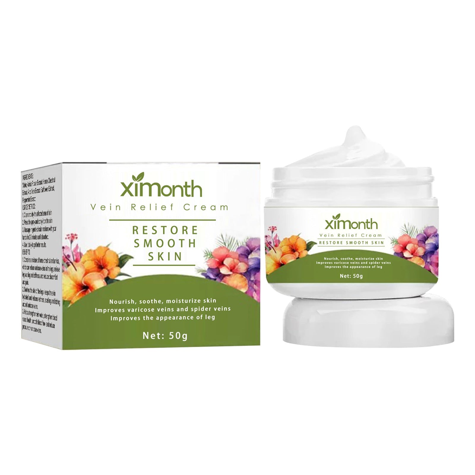Ximonth Vein Relief Cream 50g jar and branded packaging box displayed side-by-side