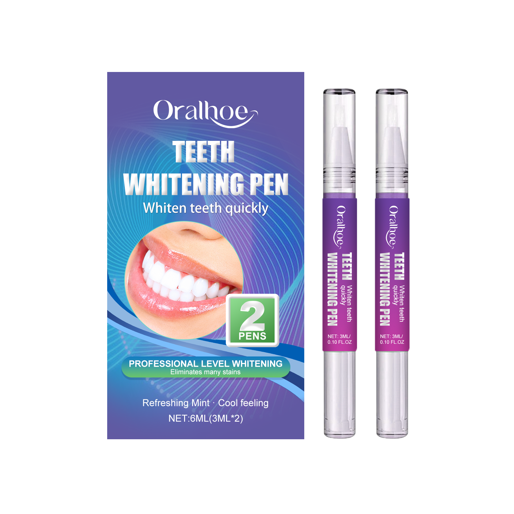 Oralhoe Teeth Whitening Pen dual pack with packaging box showing product name, 'Whiten teeth quickly' tagline, and bright smile imagery