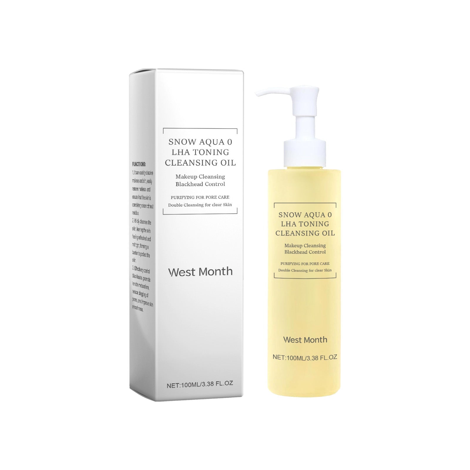 Product shot showing frosted white box and pale yellow cleansing oil bottle with white pump against white background