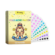 Wieey Star Acne Patch box with 6 fanned-out color sheets showing pink, blue, green, yellow, purple, and black star patches