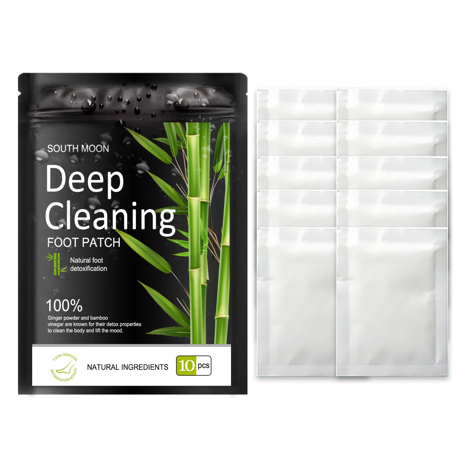 South Moon Deep Cleaning Foot Patch package with 10-piece count displayed alongside individual translucent patches fanned out