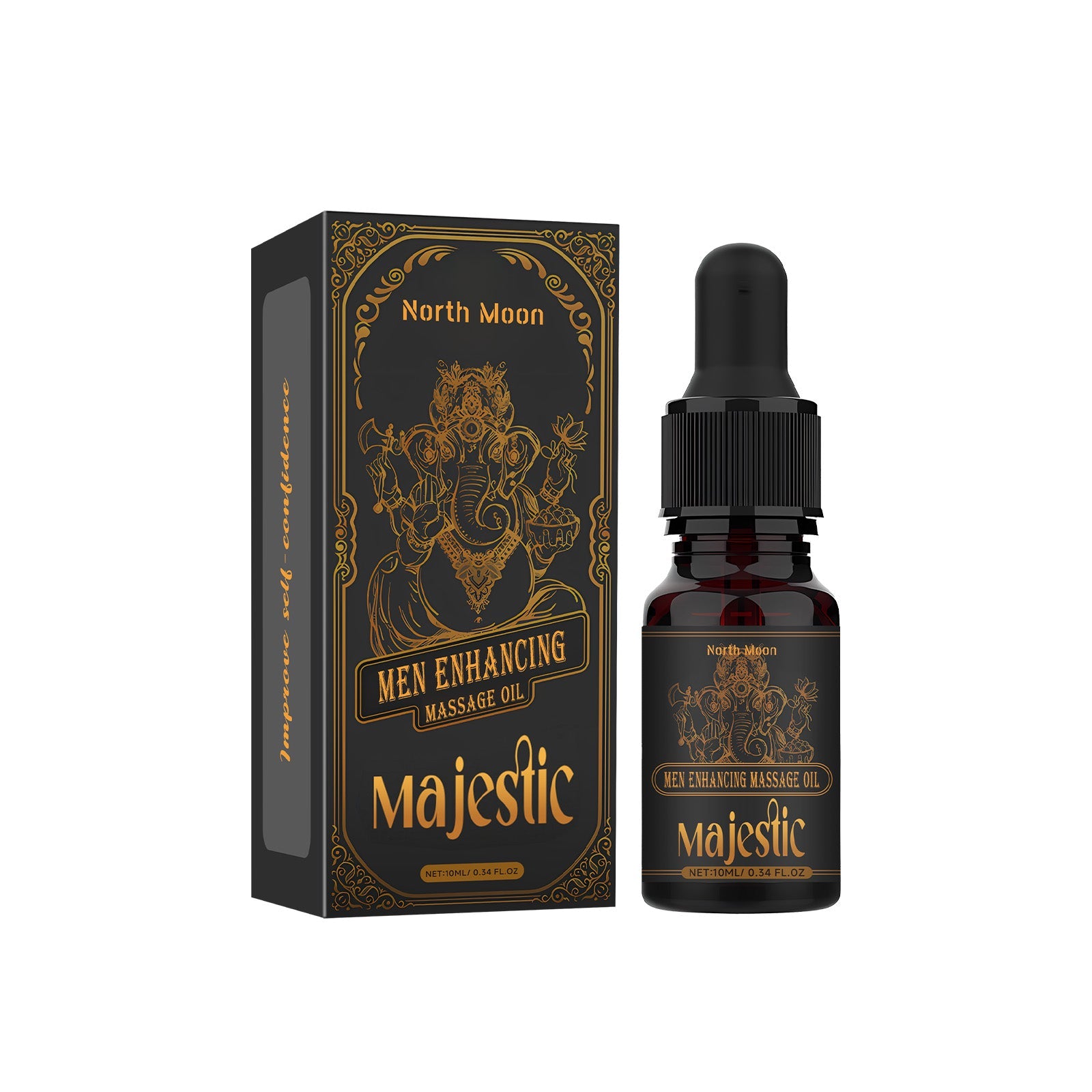 North Moon Men Enhancing Massage Oil bottle with ornate black and gold packaging box