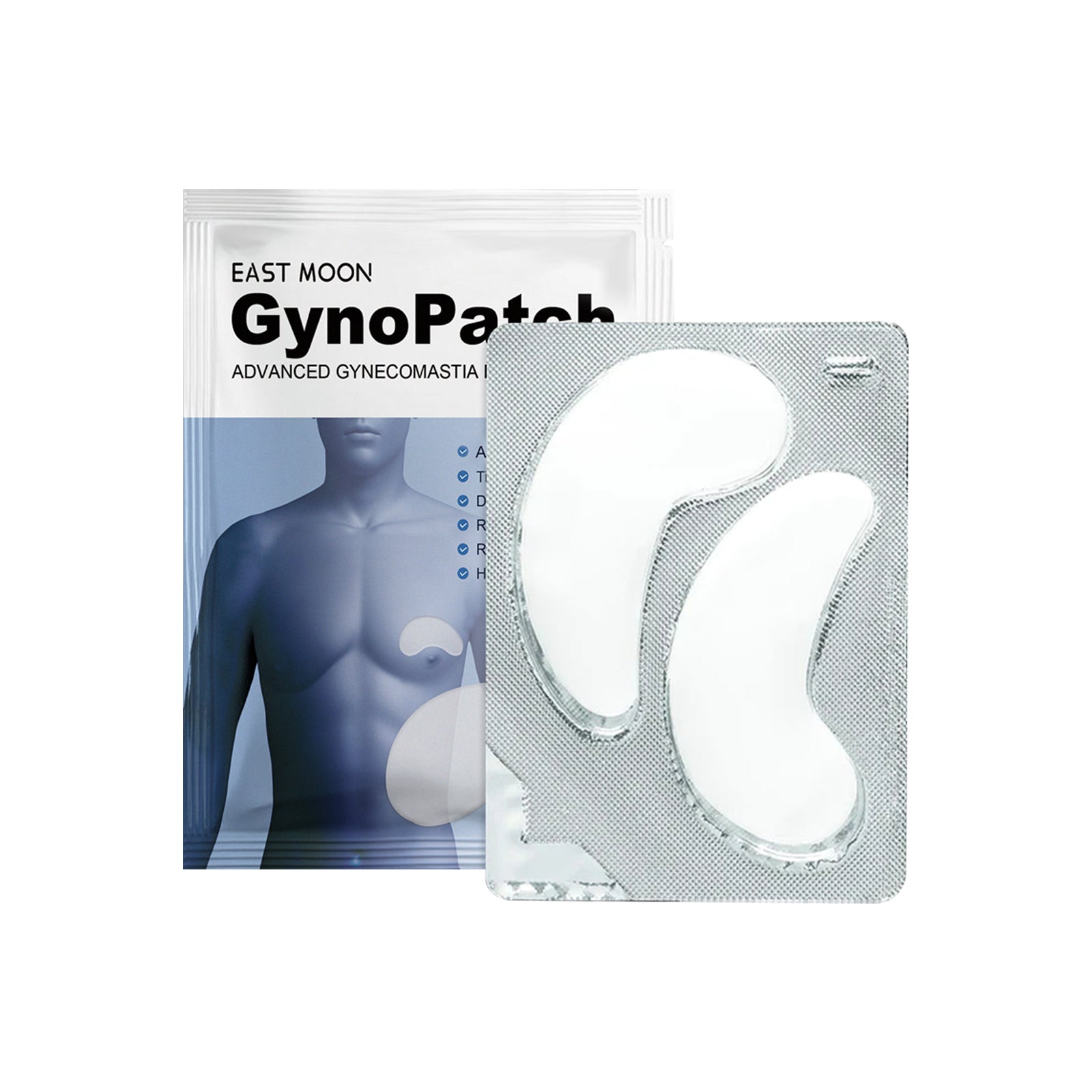 Male model displaying before/after chest comparison with inset close-up showing visible reduction in breast tissue prominence