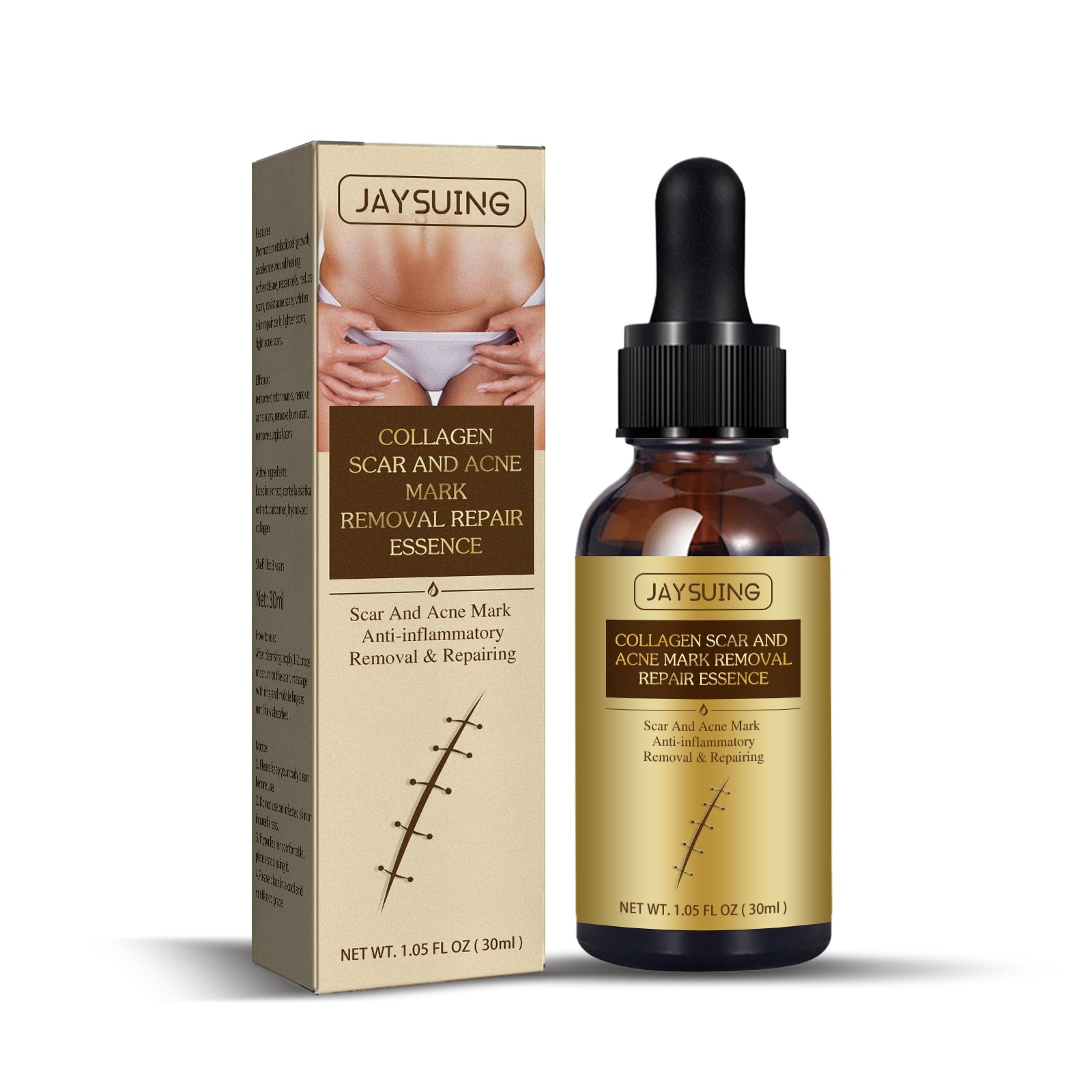 Product shot with packaging box and amber glass dropper bottle against white background