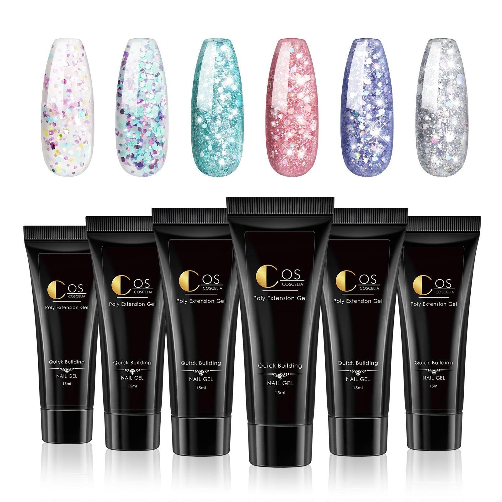 Six nail extension samples in ombré glitter colors displayed above product tubes