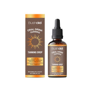Bushaid Oral Drink Tanning Drops bottle and box on white background showing packaging design and product presentation