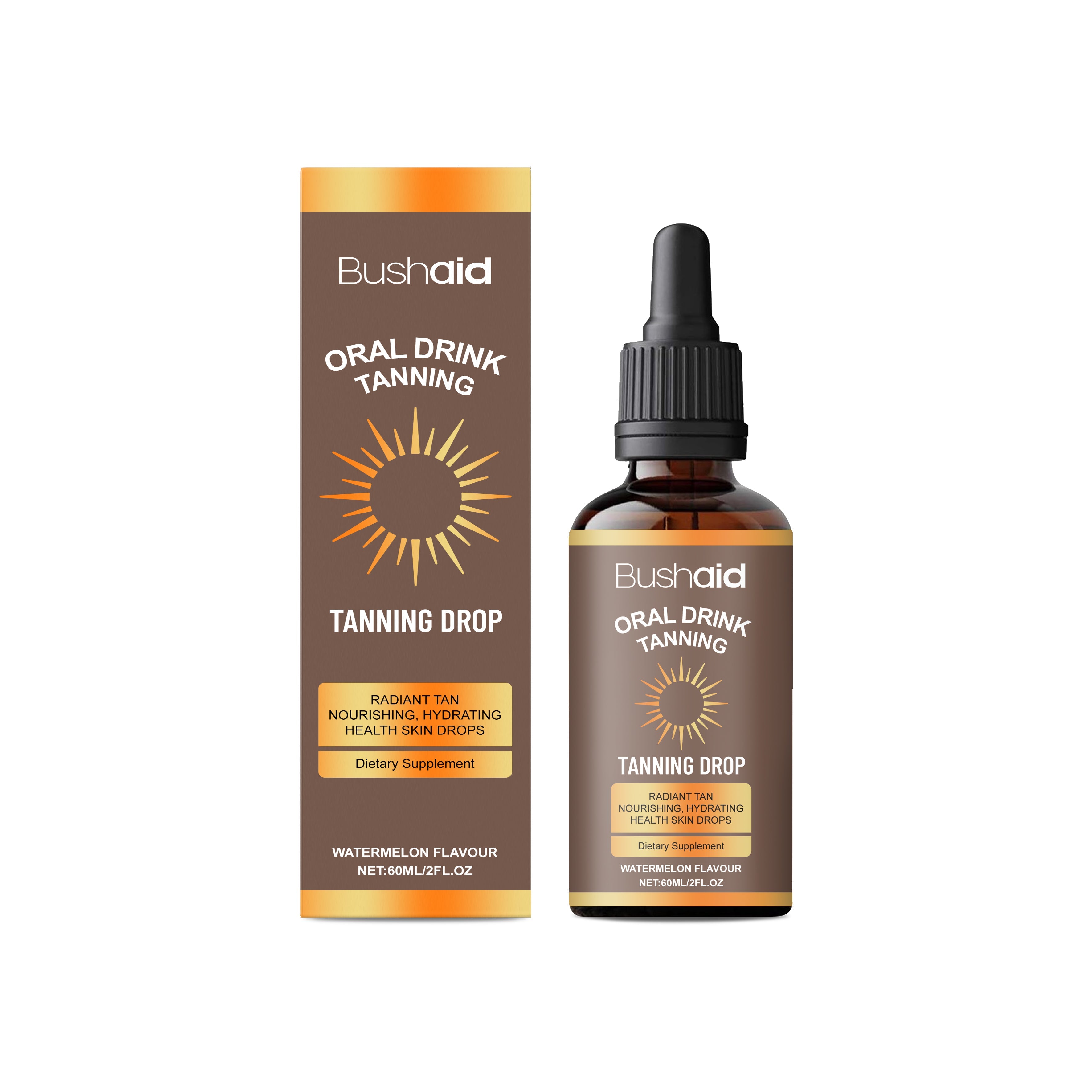 Bushaid Oral Drink Tanning Drops bottle and box on white background showing packaging design and product presentation