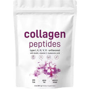 Front packaging of white pouch with bold purple 'collagen peptides' text, floral illustration, and key claims including Type I-V collagen, biotin, vitamin C, hyaluronic acid, GMO-free, grass-fed, and pasture-raised badges