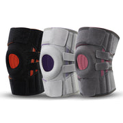 Three knee protectors in black, white, and gray with colored accent patches displayed against white background