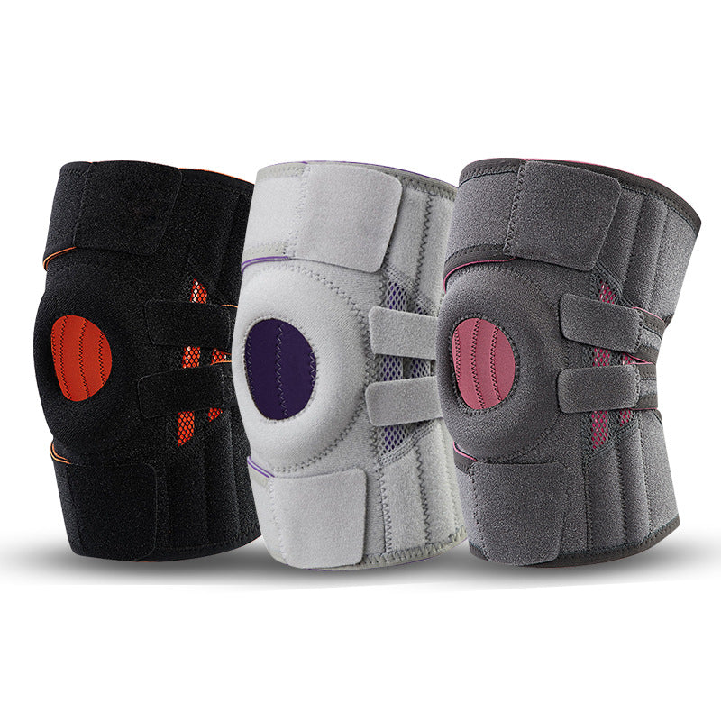 Three knee protectors in black, white, and gray with colored accent patches displayed against white background
