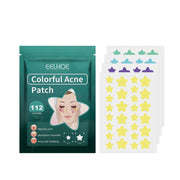 EELHOE Colorful Acne Patch packaging with 112 patches and illustrated face showing acne application; product patch sheets displayed showing 4 different star colors