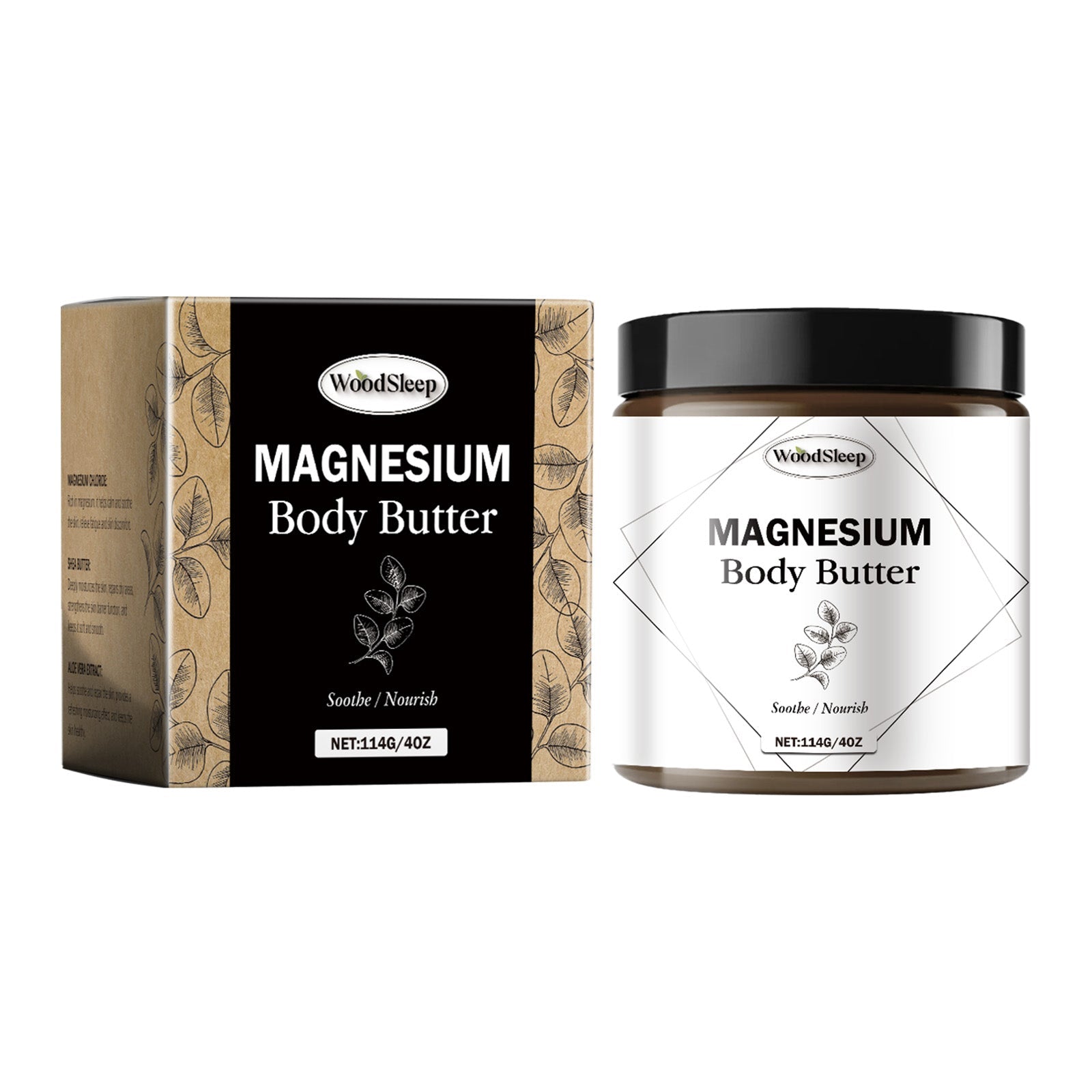 Product packaging and jar displayed side-by-side showing WoodSleep Magnesium Body Butter in premium presentation