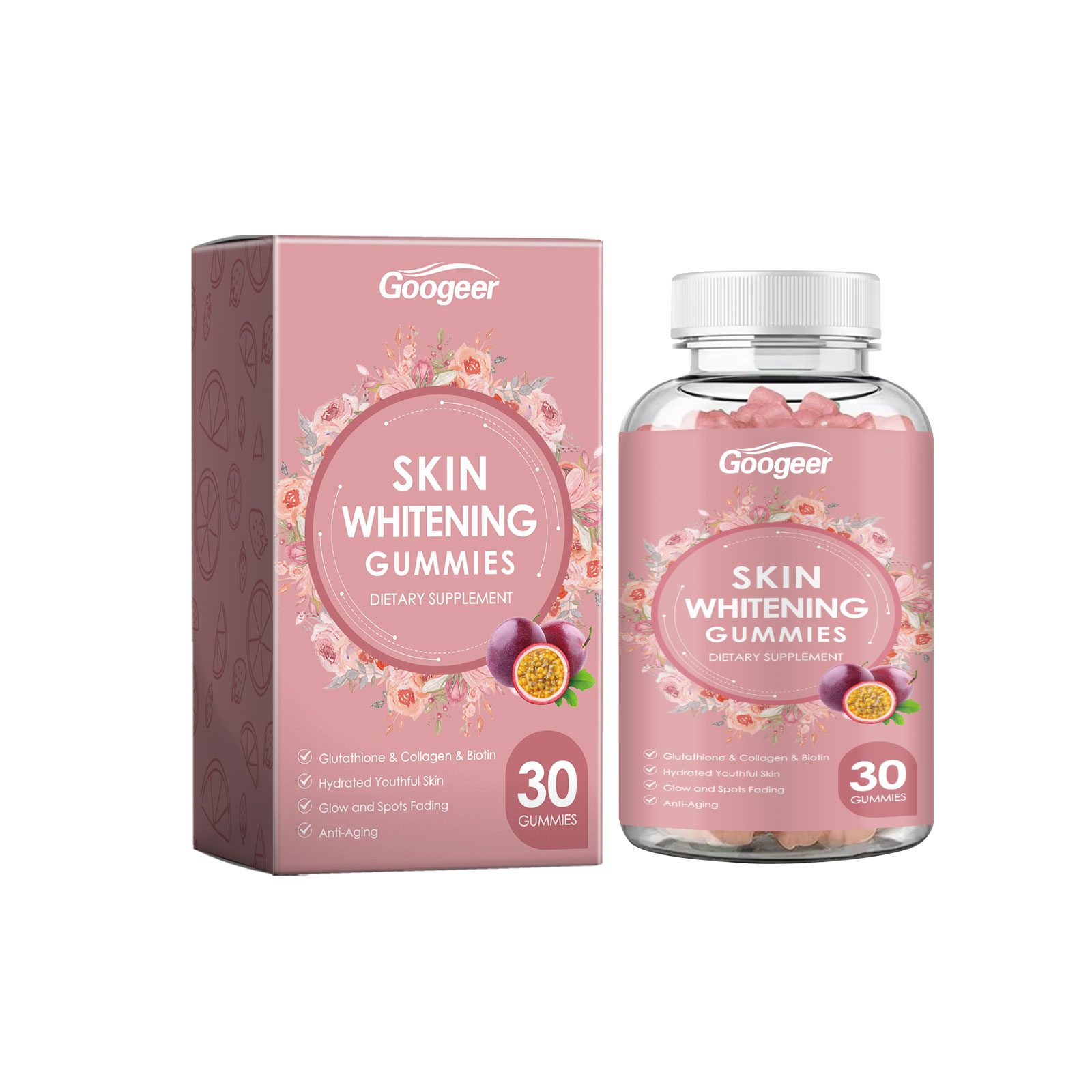 Googeer Skin Whitening Gummies bottle and box displayed side-by-side on white background