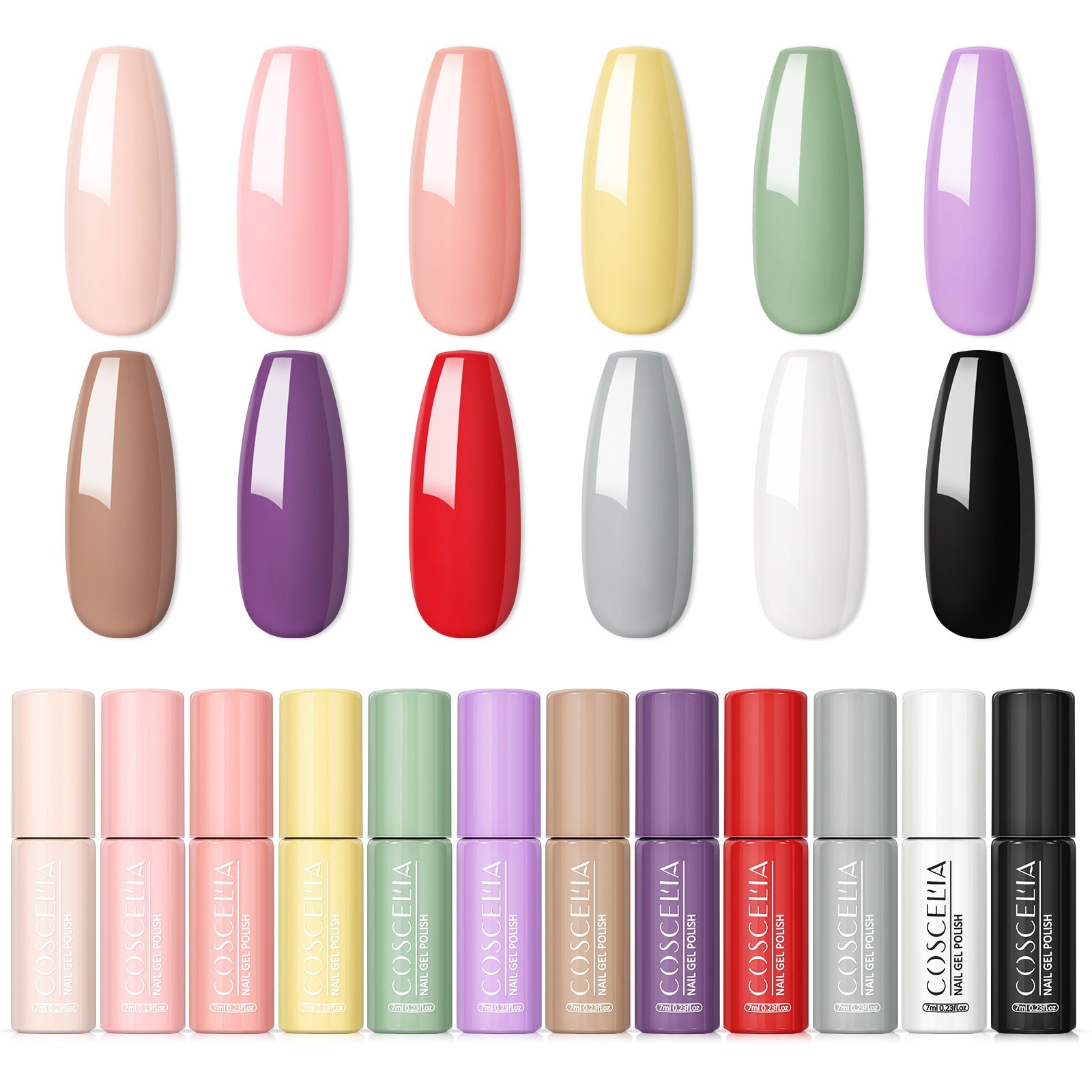 Flat-lay styling of 6 gel polish bottles on colorful pastel background with decorative hearts and pinwheel accent