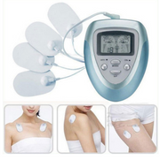 Complete electric pulse massager device with four white electrode pads attached via cables and digital display unit