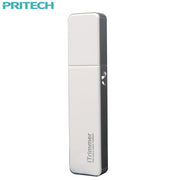 Pritech electric nose trimmer in pearl white with dark gray band, shown at three-quarter angle highlighting compact cylindrical shape and chrome power button