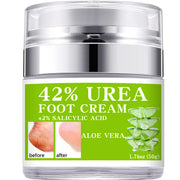 Product jar with bright lime green label displaying 42% urea claim and before/after small comparison showing cracked heel transforming to smooth skin