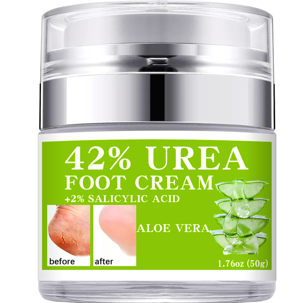 Product jar with bright lime green label displaying 42% urea claim and before/after small comparison showing cracked heel transforming to smooth skin
