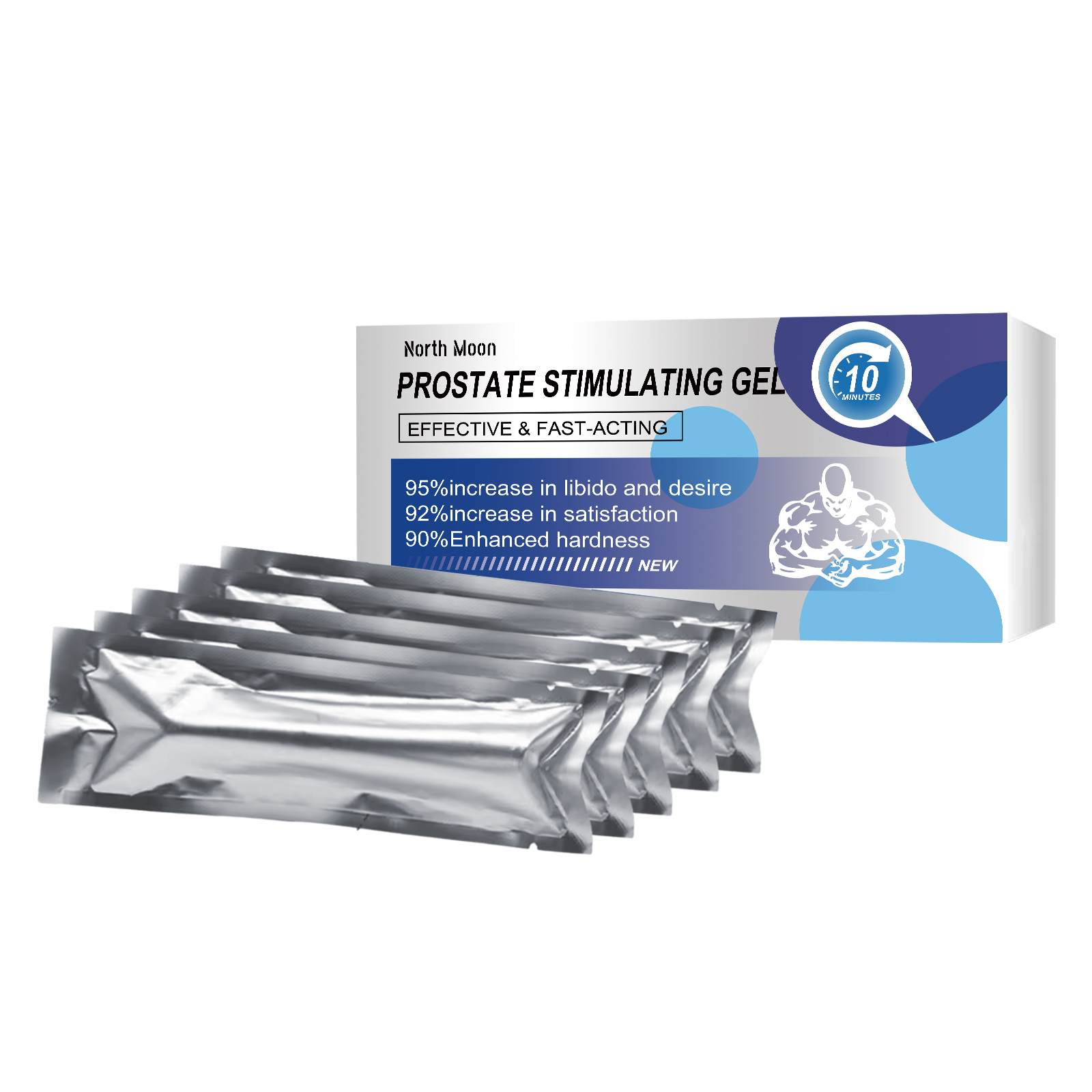 North Moon Prostate Stimulating Gel box with multiple silvered sachets displayed, showing packaging claims and 10-minute activation badge