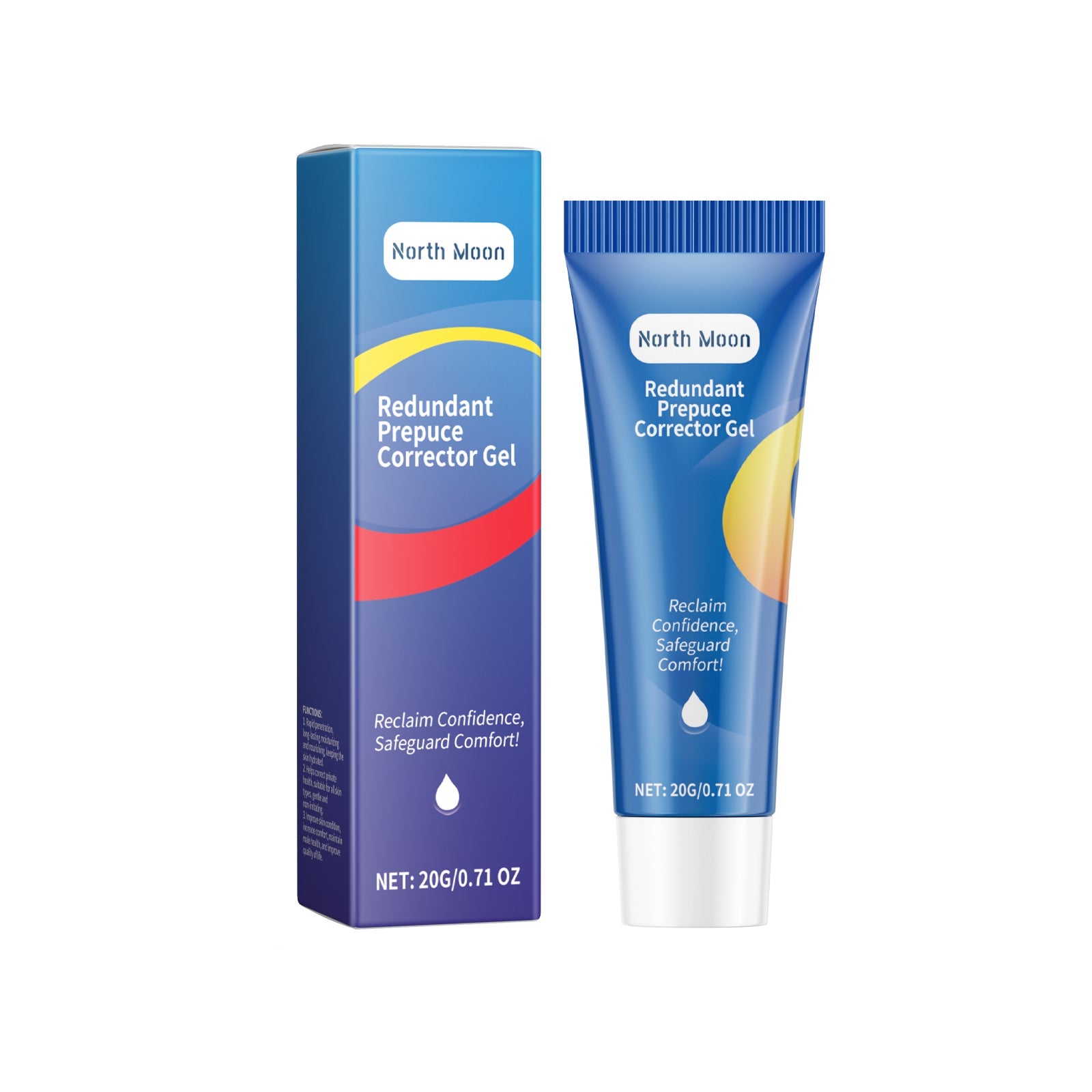 Product packaging and tube of North Moon Redundant Prepuce Corrector Gel displayed together