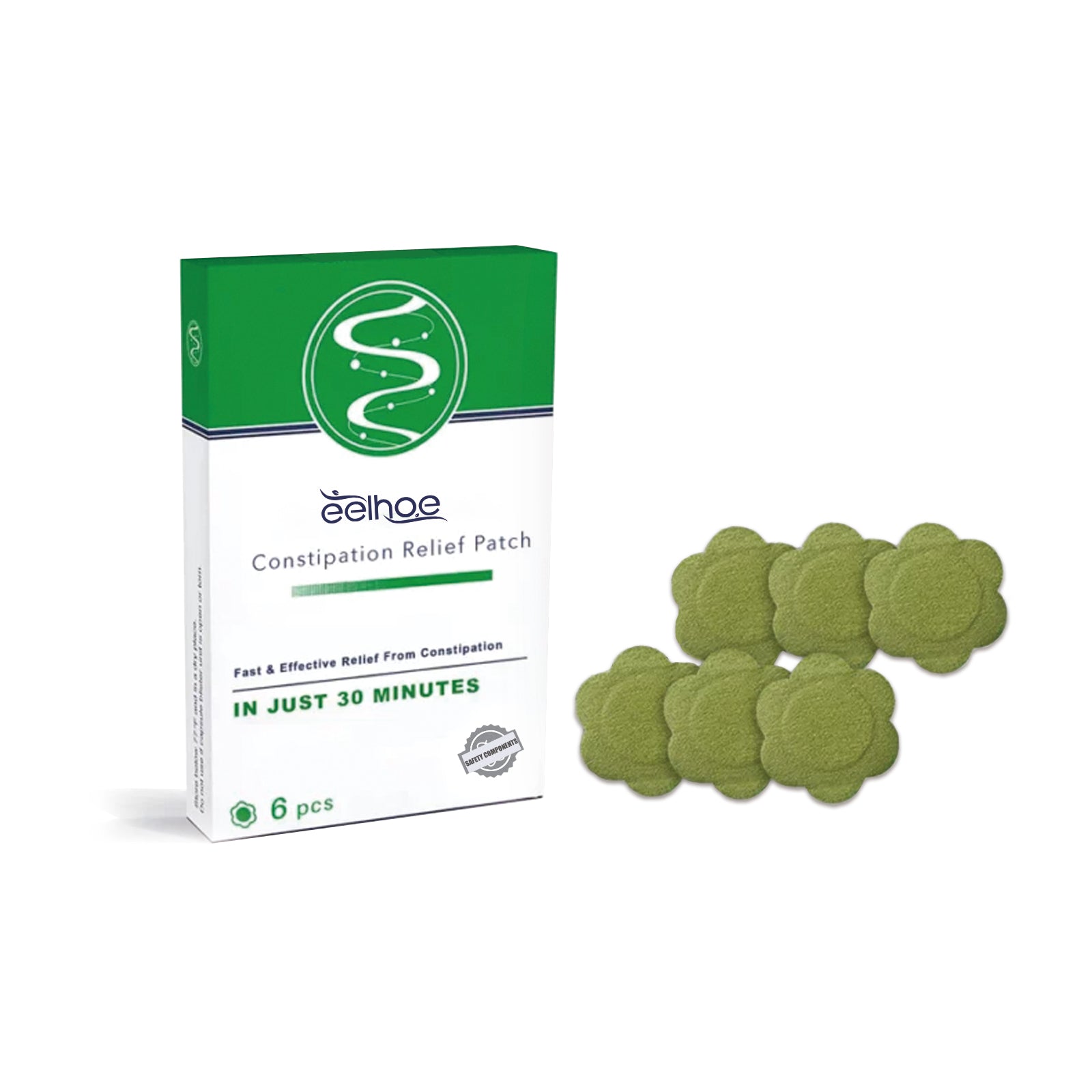 Eelhoe Constipation Relief Patch box with 6 sage-green flower-shaped patches displayed