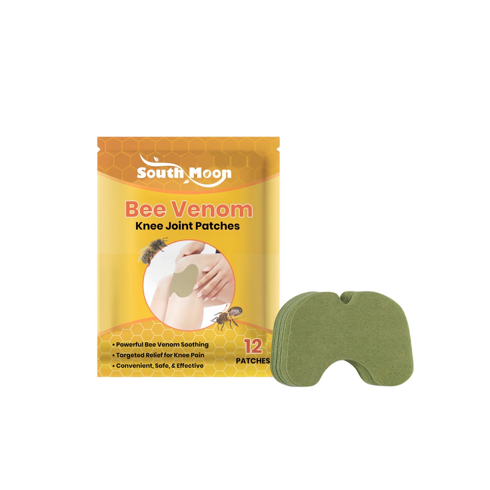 South Moon Bee Venom Knee Joint Patches packaging with 12 green patch samples displayed