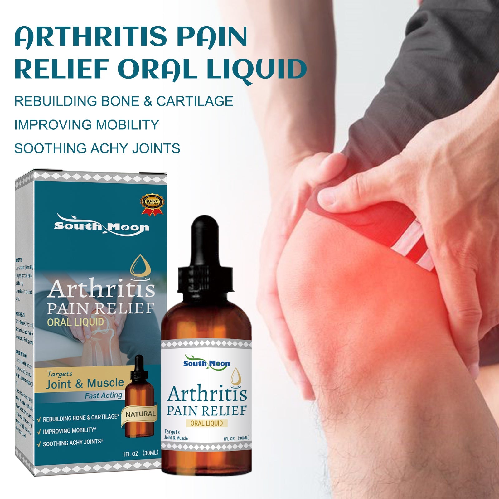 Product display with packaging box, dropper bottle, and pain-point lifestyle showing person holding inflamed knee