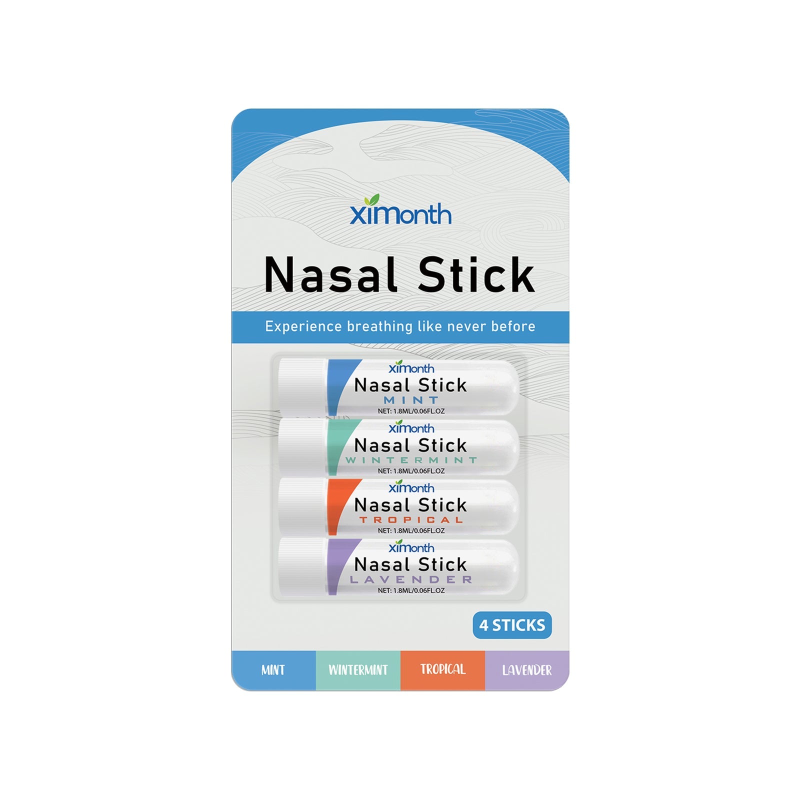 Ximonth Nasal Stick 4-pack display showing all four flavor variants with product packaging