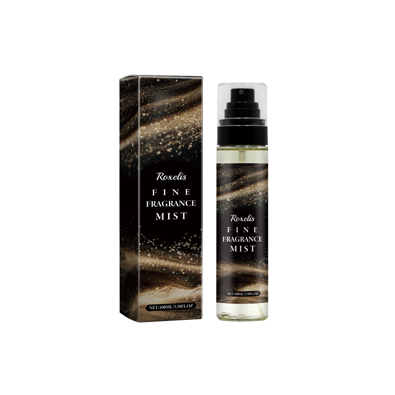 Roxelis Fine Fragrance Mist bottle with packaging box showing elegant black and gold design