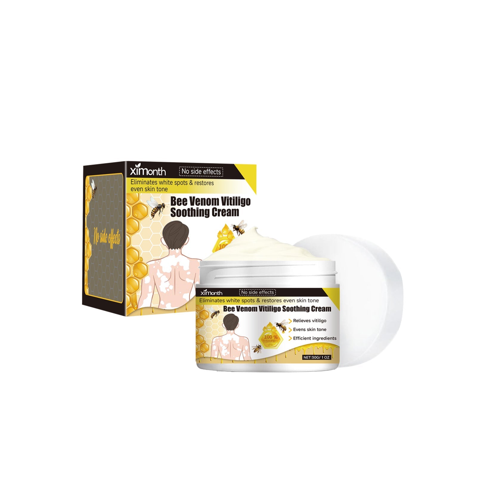 Product jar with packaging box displayed together against white background