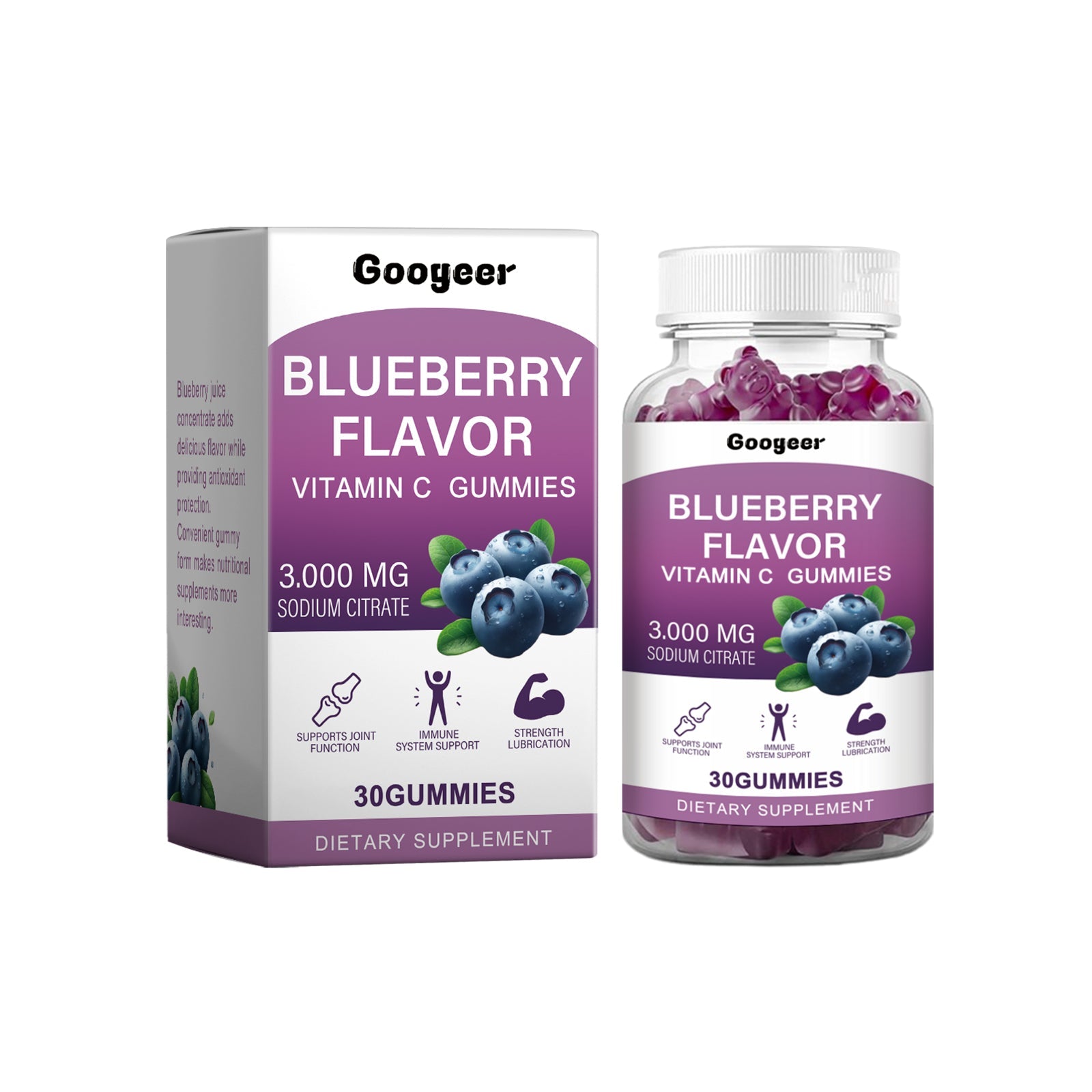 Googeer Blueberry Vitamin C Gummies packaging with box and clear glass bottle filled with purple gummies