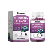 Googeer Blueberry Vitamin C Gummies packaging with box and clear glass bottle filled with purple gummies