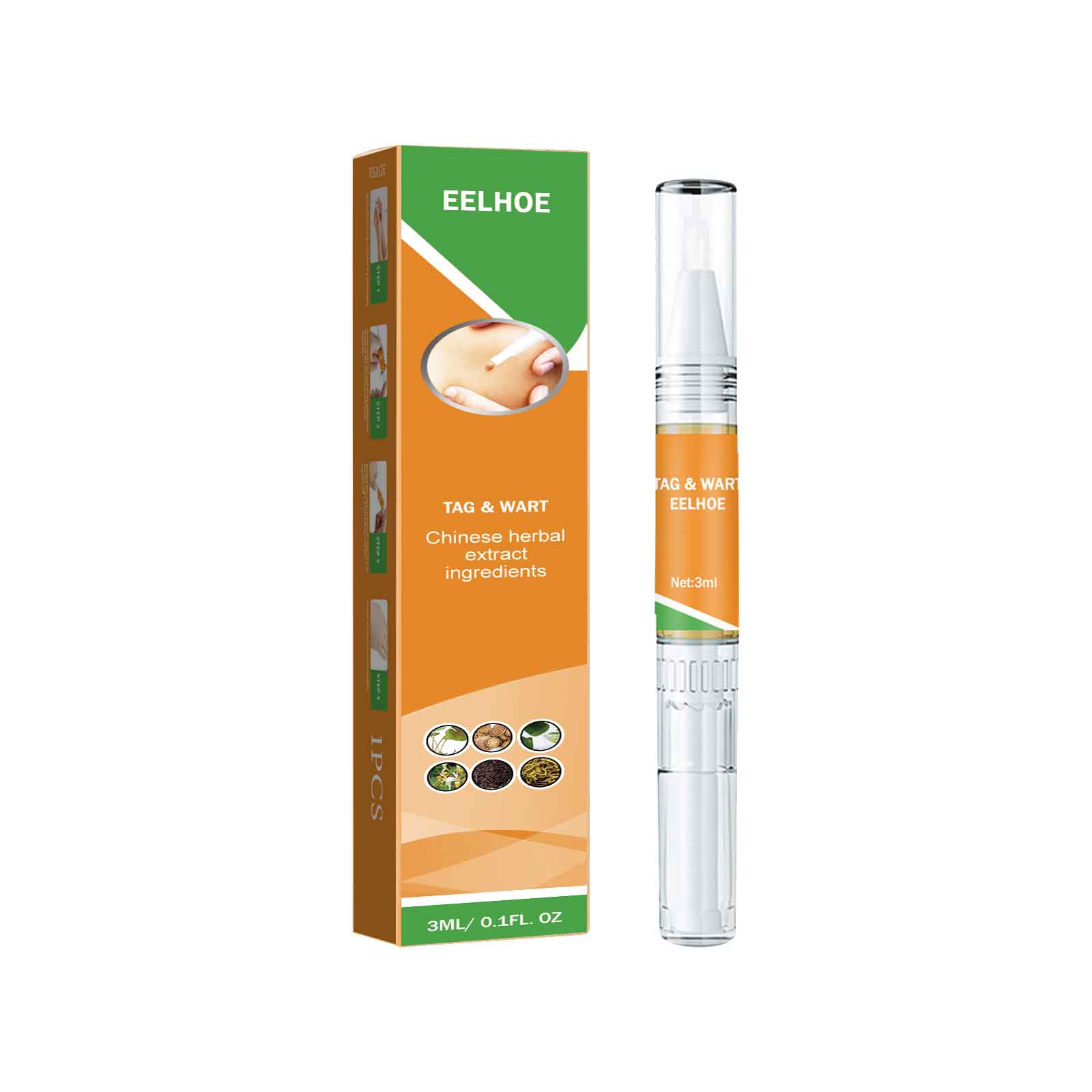 EELHOE Tag & Wart Remover packaging box with single clear glass pen applicator containing orange liquid formula