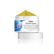 Wiyun Herbal Salve jar with golden lid on white background with reflection