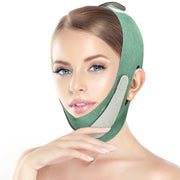 Woman wearing green V-shaped face lift mask with lifted, contoured jawline and defined facial features