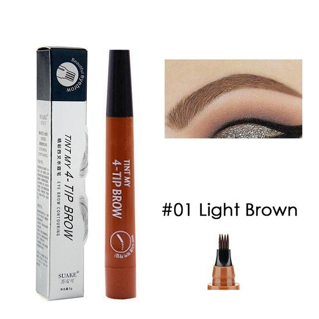 Liquid eyebrow tint pen with packaging and shade #01 Light Brown with microblade applicator closeup