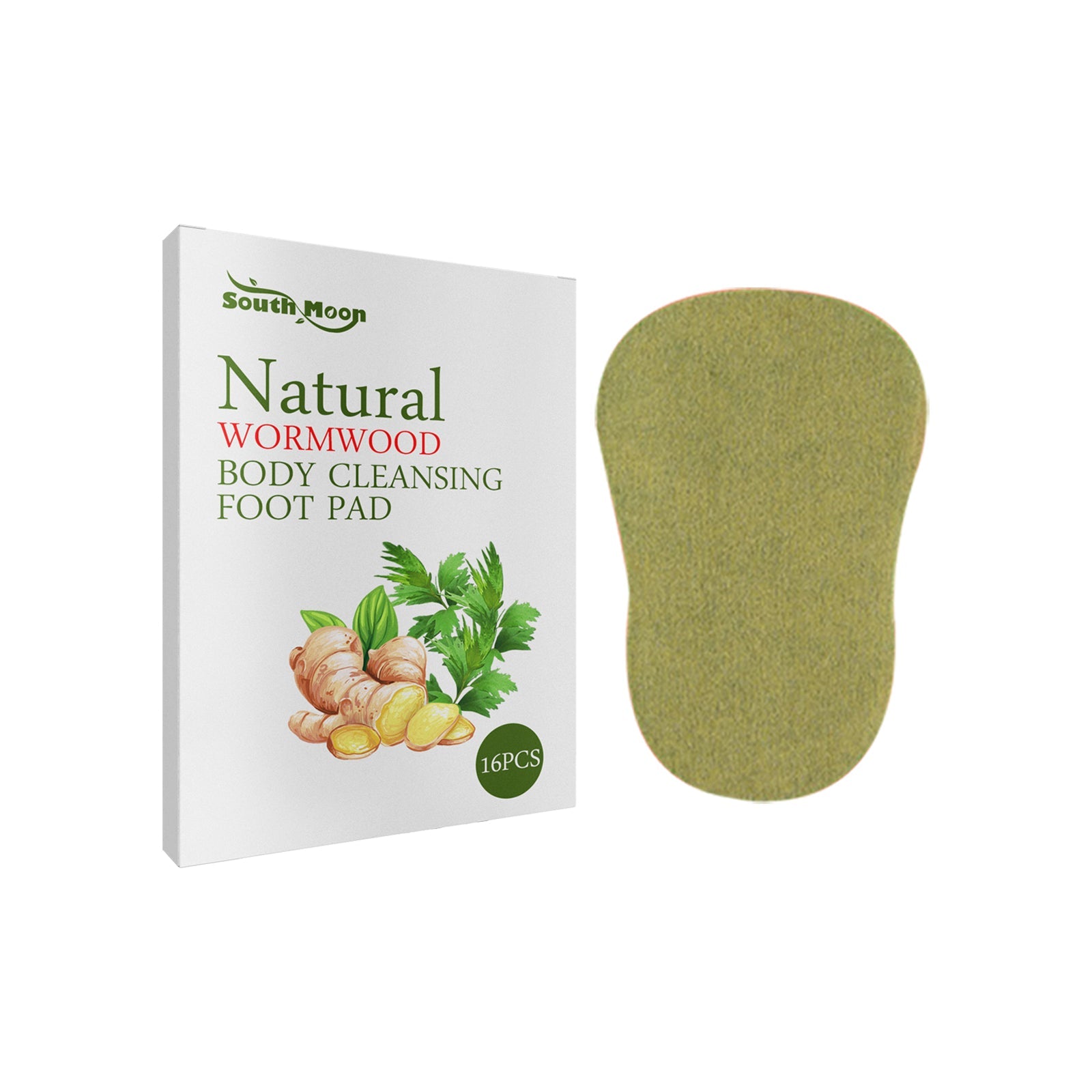 Product packaging and single foot pad displayed side-by-side showing box design with wormwood imagery and the textured sage-green pad