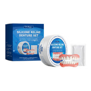 Complete silicone reline denture set packaging and contents display with upper denture, lower denture, gutta-percha material, and applicator packet