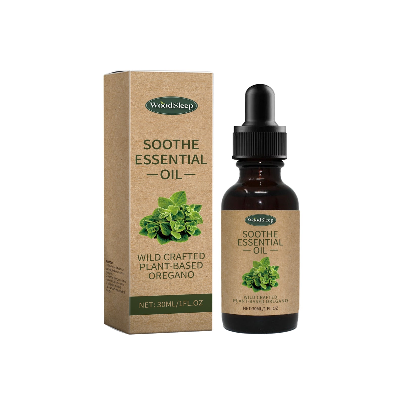 WoodSleep Soothe Essential Oil bottle and kraft packaging displayed on white background
