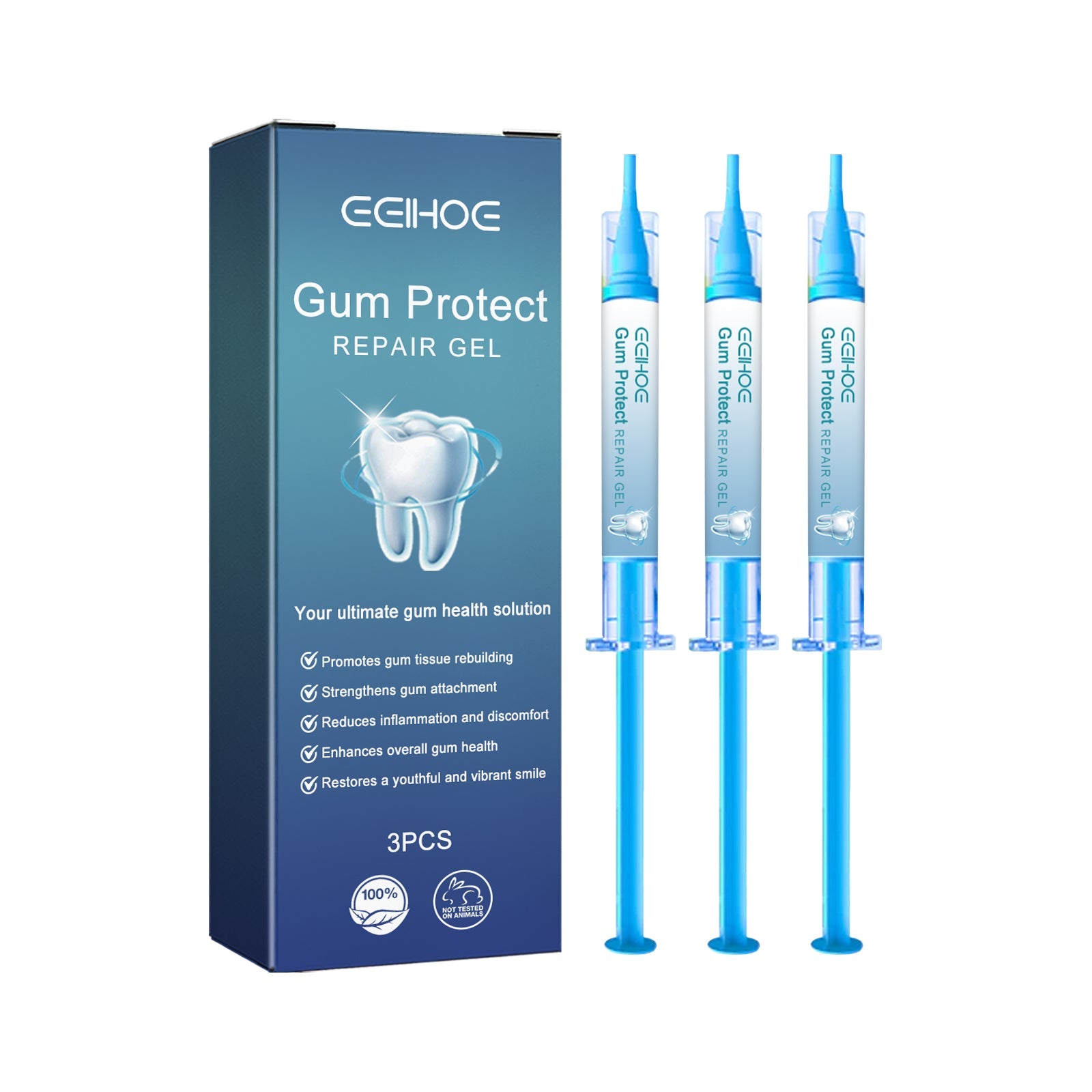 CEIAHOE Gum Protect Repair Gel product shot with dark blue box packaging and three filled blue syringe applicators displayed