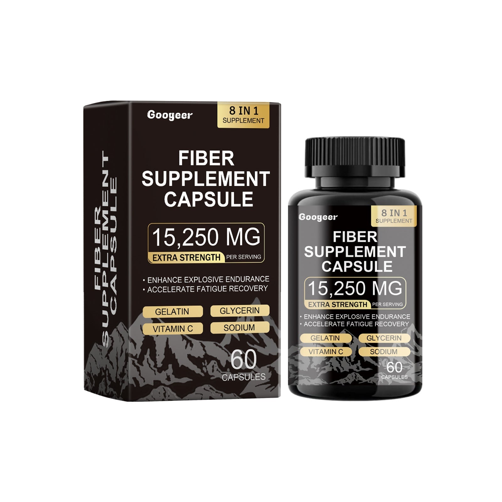 Googeer Fiber Supplement Capsule bottle and box displayed side-by-side showcasing 15,250 MG extra strength formula with 8-in-1 supplement badge