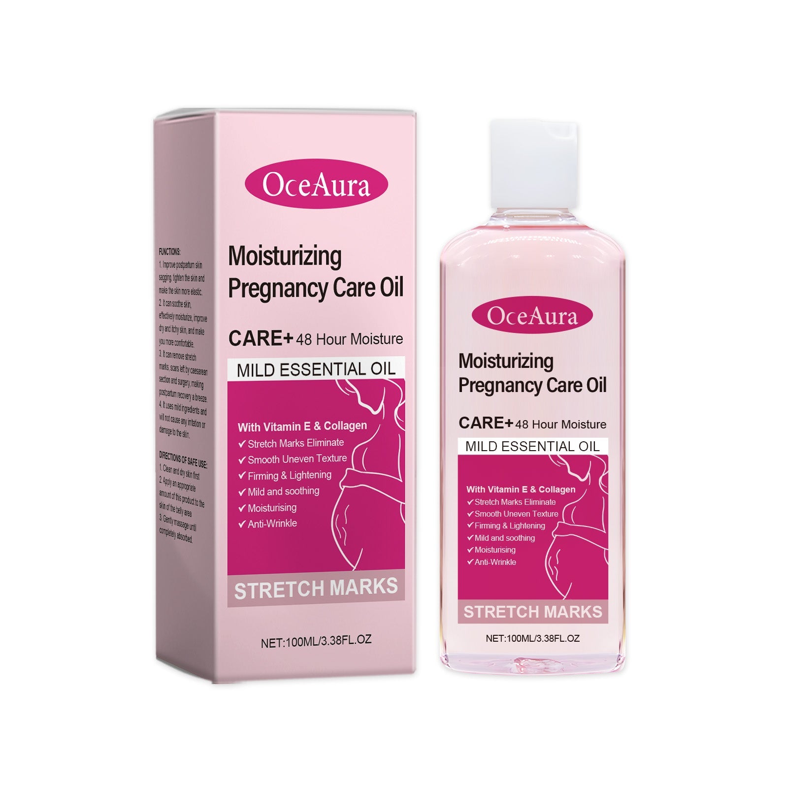 OceAura Moisturizing Pregnancy Care Oil packaging and bottle displayed together showing full product