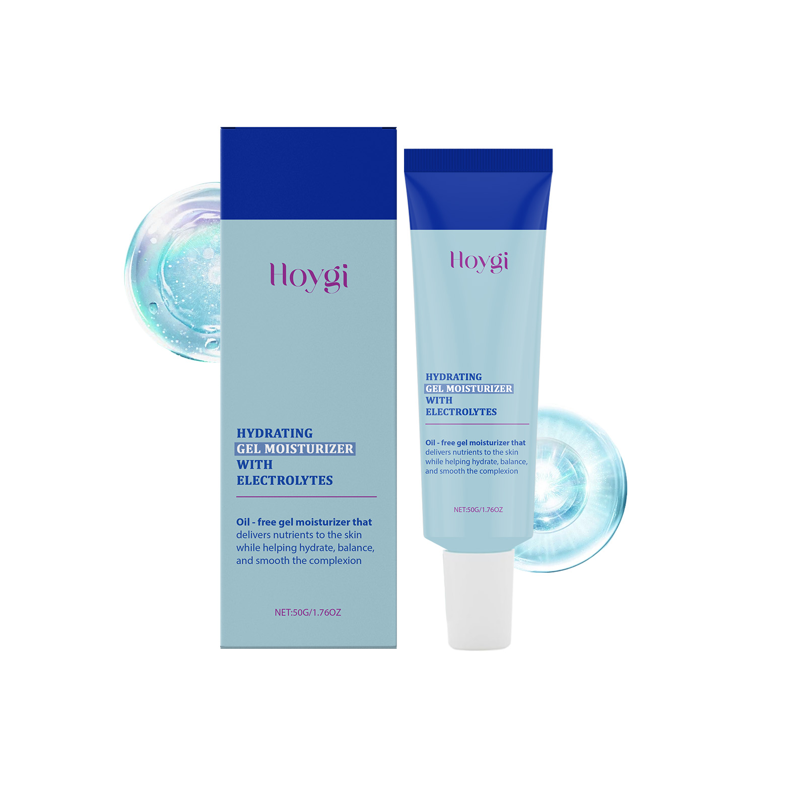 Hoygi Hydrating Gel Moisturizer packaging with tube and illuminated gel droplets showing product and box